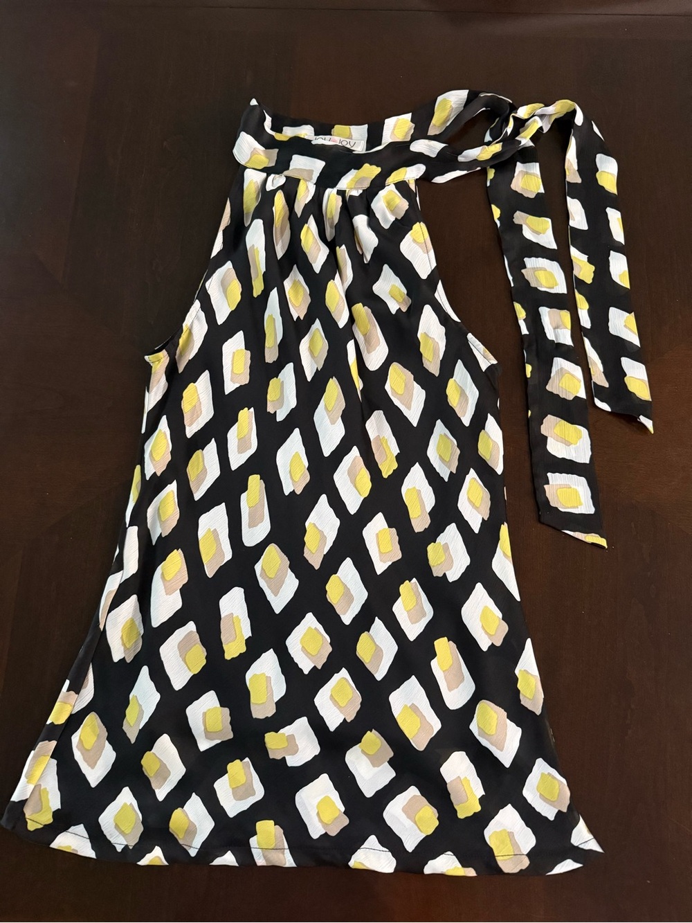 Joy Joy Black Halter Neck Top with Yellow White Geometric Print